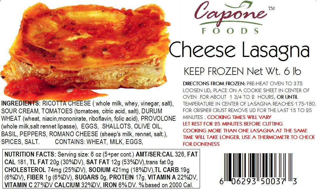 Capone Foods Lasagna - Cheese, 6 Lbs. * STORE PICK UP ONLY 2 Capone Foods Lasagna - Cheese, 6 Lbs. * STORE PICK UP ONLY
