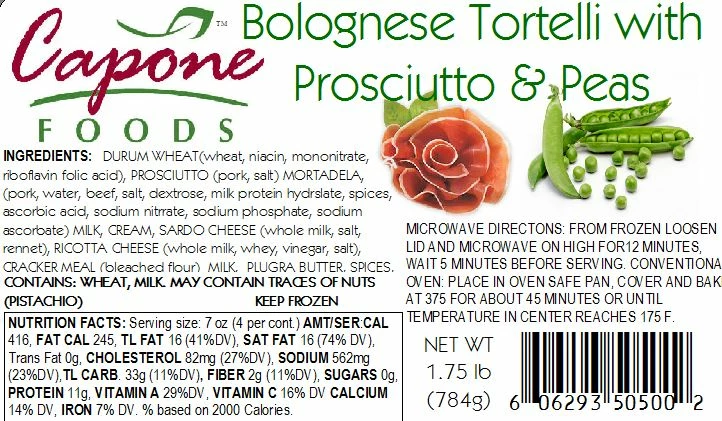 Capone Foods Tortetellini With Prosciutto And Peas * STORE PICK UP ONLY Entrées 1 Capone Foods Tortetellini With Prosciutto And Peas * STORE PICK UP ONLY Entrées